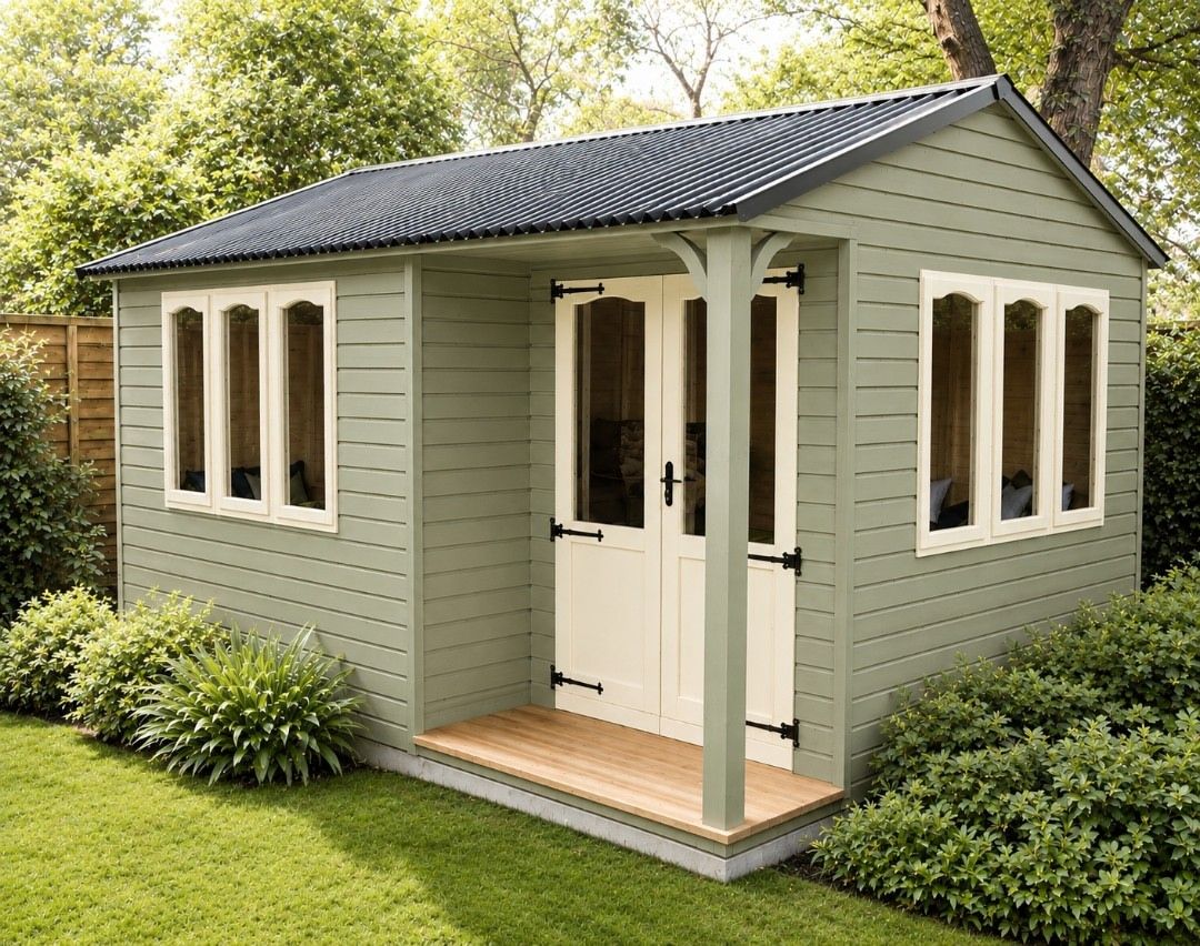 A Garden Studio Design sage green studio with cream doors and windows