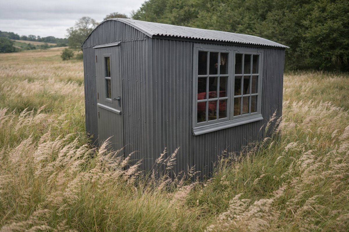 Corrugated shepherd hut in long meadow grass
